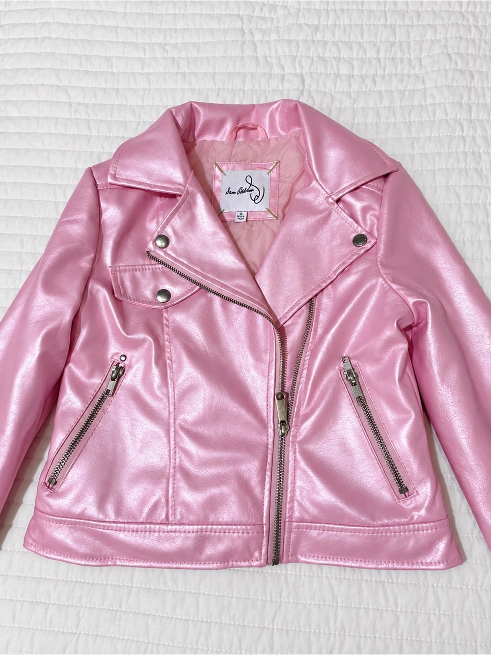 Sam Edelman Girls' Pink Faux Leather Moto Jacket - Kids S 7/8